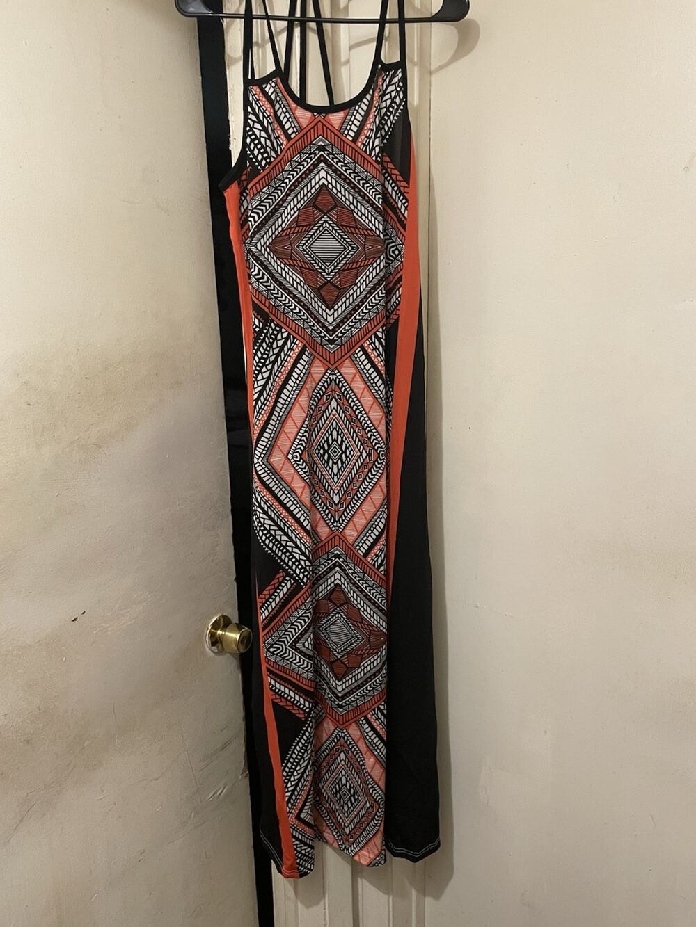 Geometric Print Sleeveless Maxi Dress | Black, Coral & White Boho Size M/L